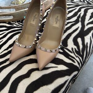Valentino Tan Studded Heels with Pointed Toe